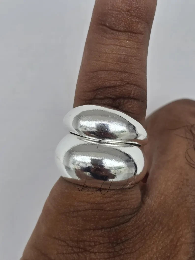 925 Sterling Silver Ring 2 set dome ring Wide Statement Ring Women silver Ring C