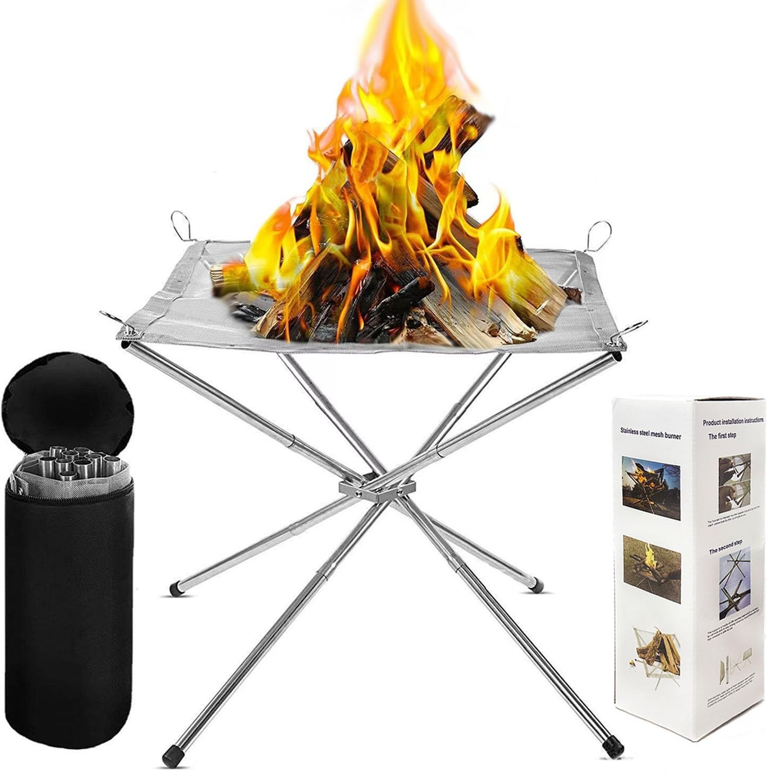 22 Inch Portable Outdoor Fire Pit with Carrying Bag,Foldable Silver/White