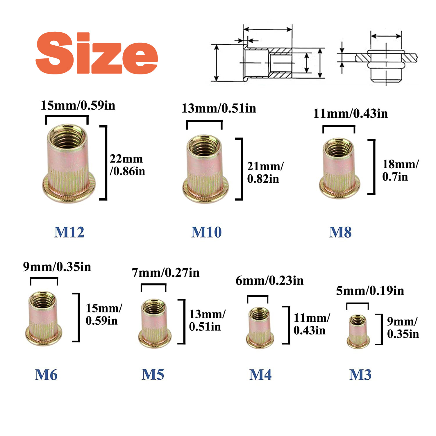 1450PCs Metric Rivets Kit Rivnut Tool Flat Head Threaded Insert Nut Knurled Body