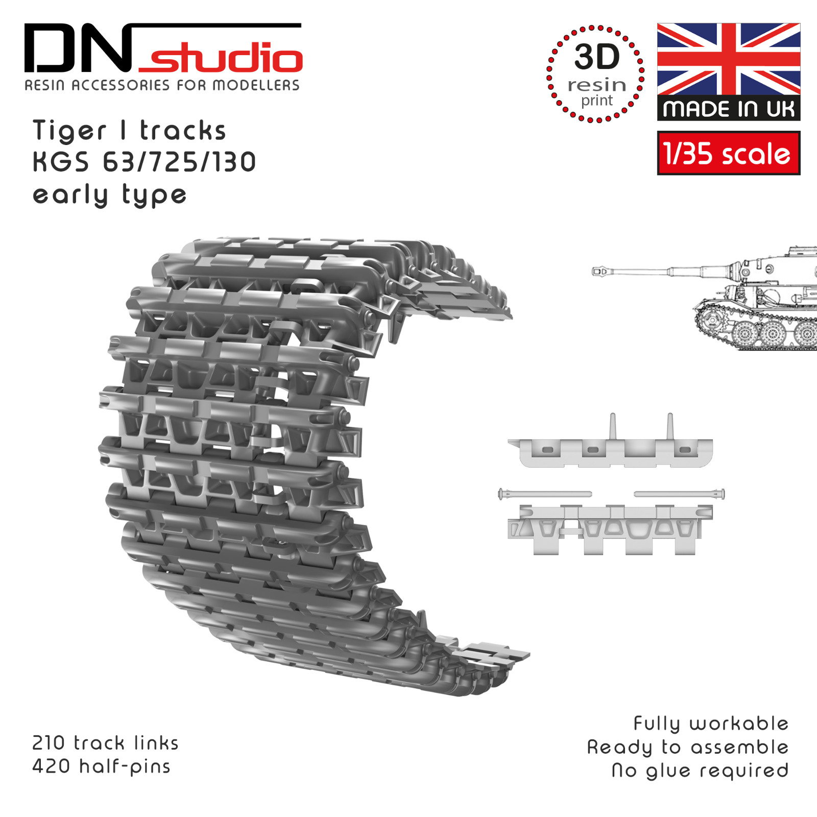 1/35 Tiger I Early Production 3d Resin Printed Workable Tracks