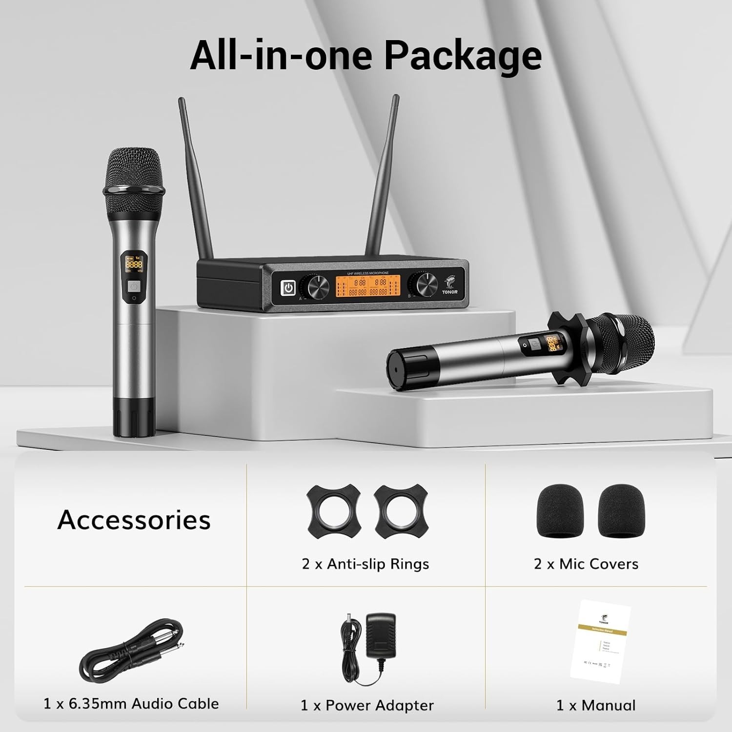 Professional UHF Wireless Microphone System - 2 Dynamic Mics, 60m Range, Silver