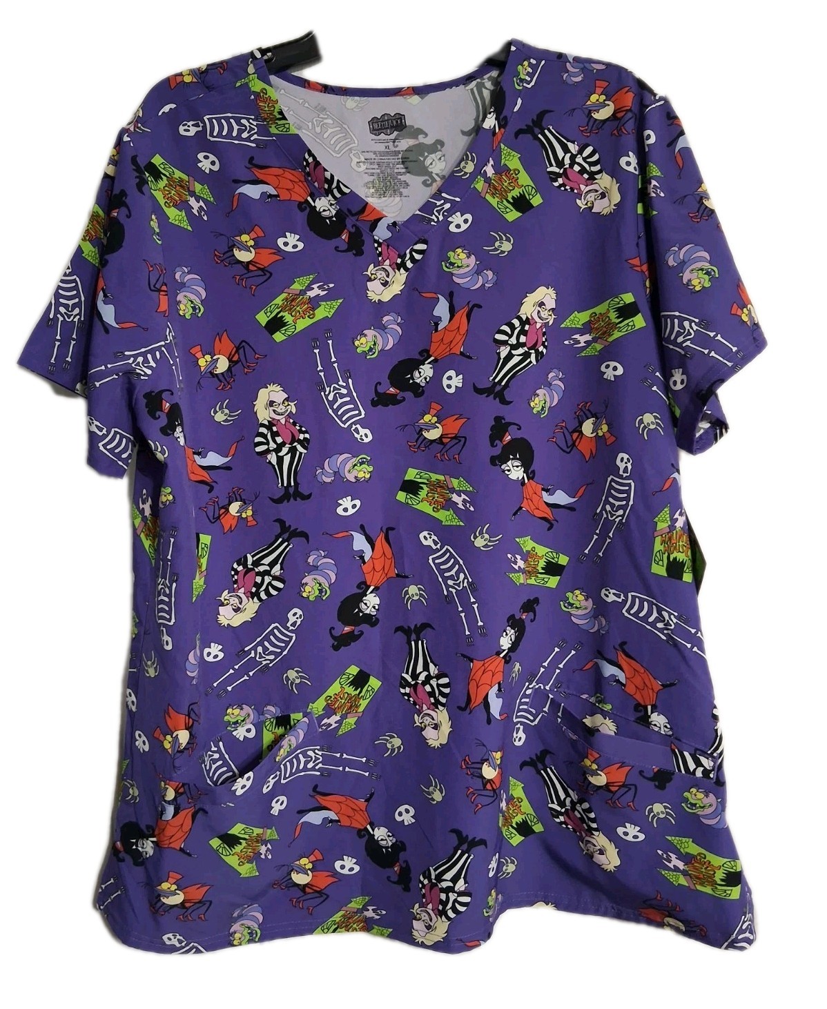 NWT Women's Beetlejuice Purple Scrub Top With Pockets Size S
