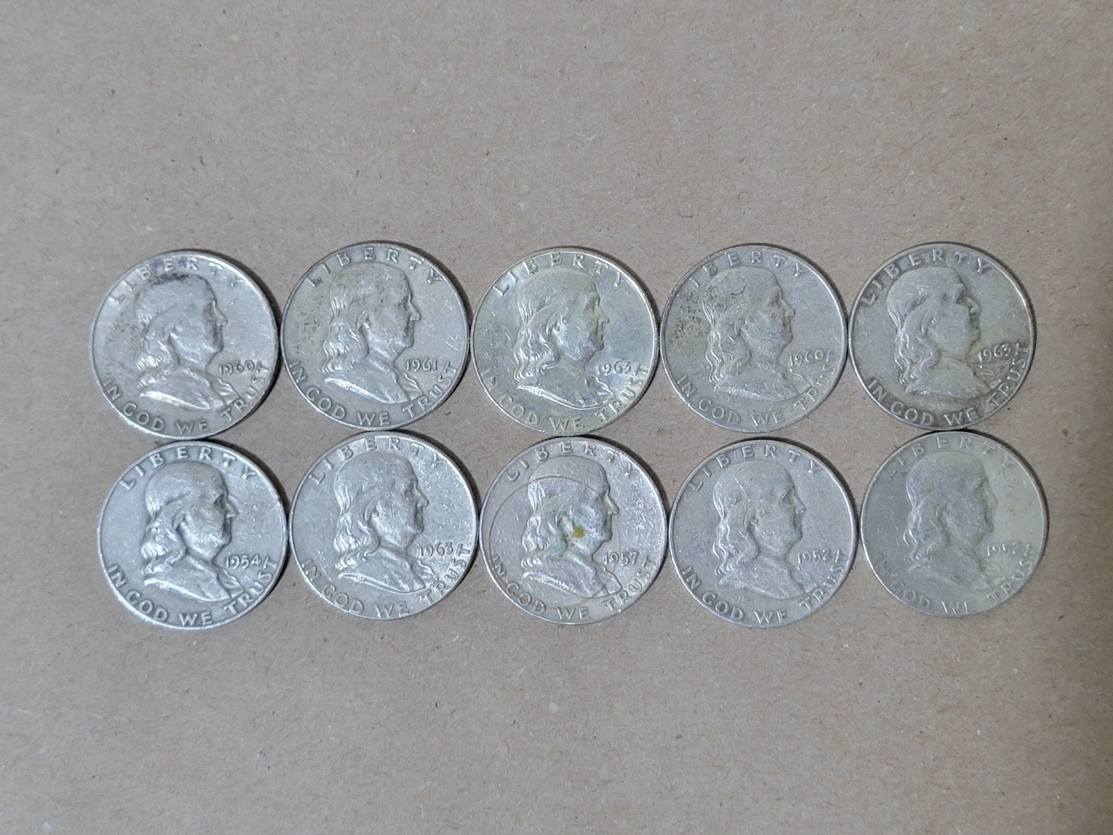 Lot of 10 Franklin Half Dollar Coins - 90% Silver - 1963 and Prior - Circulated