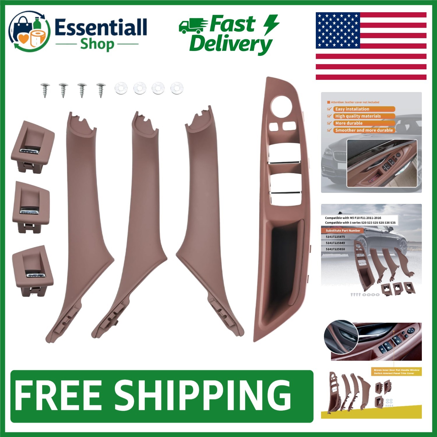 7PCS Brown Door Pull Handles Compatible with BMW 5 Series 2010-2016