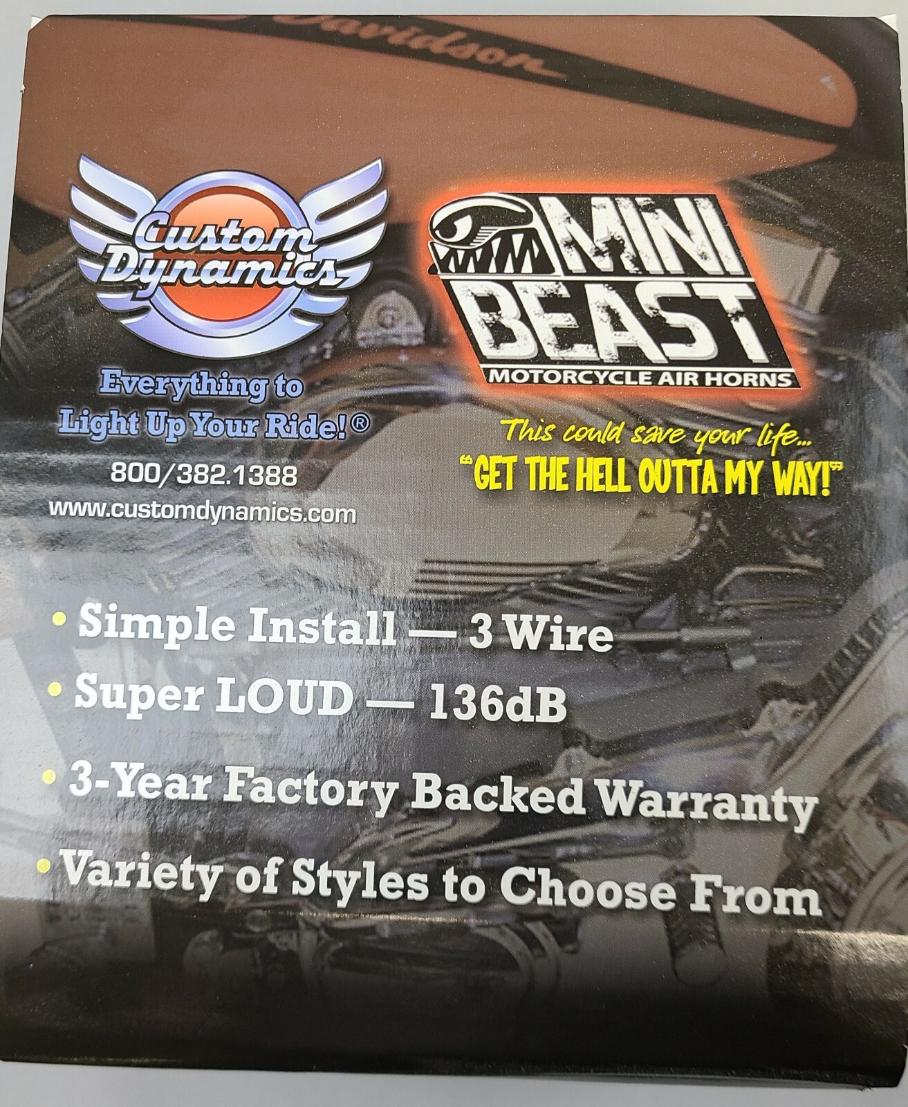 Custom Dynamics NEW Mini Beast Air Horn Super Loud 136dB Fits Most H-D CHRM