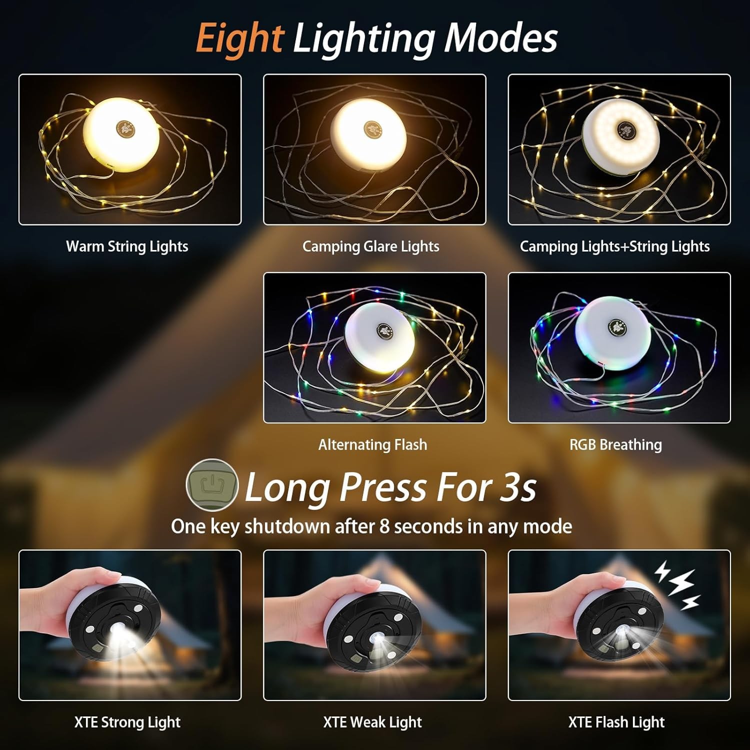 Camping String Lights, 4 in 1 Portable Camping Light Rechargeable, 8 Lighting