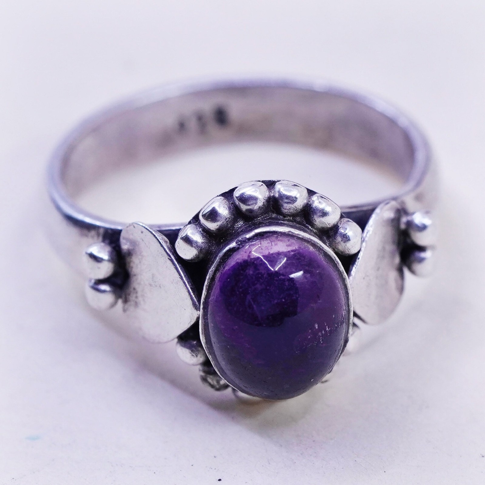 Size 7, Vintage sterling 925 silver handmade ring with amethyst, modernist