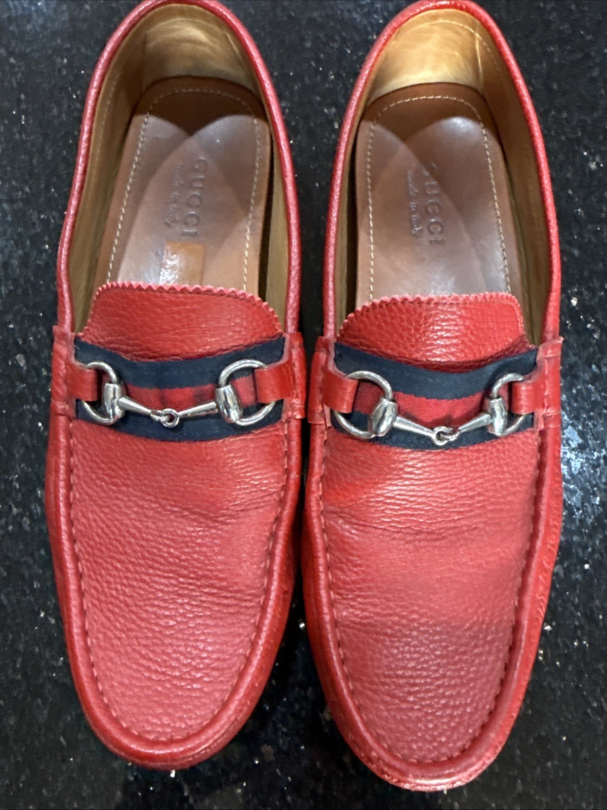 Gucci Red Leather Loafers Men's Sz 10.5 Horse Bit Slip On Casual Shoes 322741 G