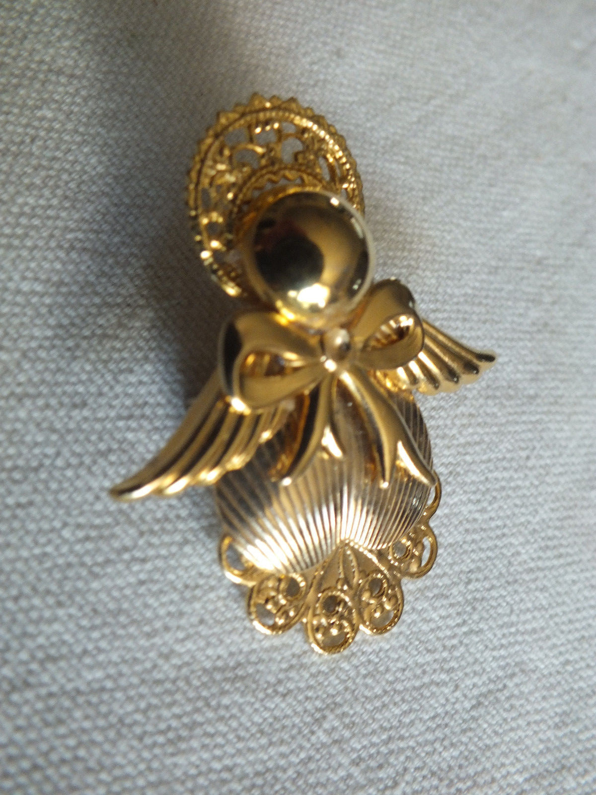 Holiday Brooch Pin Gold Tone Angel Filigree Shiny Texture 1 7/8 x 1 5/8" NICE