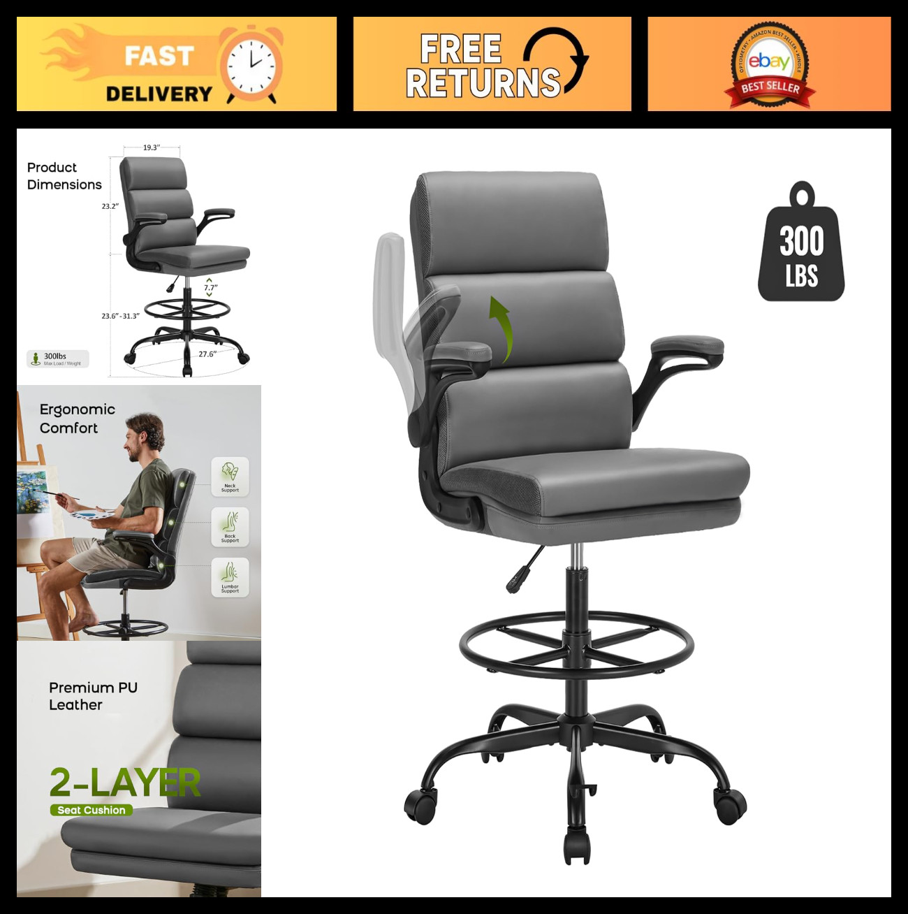 Tall Ergonomic Drafting Chair with Padded Armrests, Adjustable Footrest, Gray