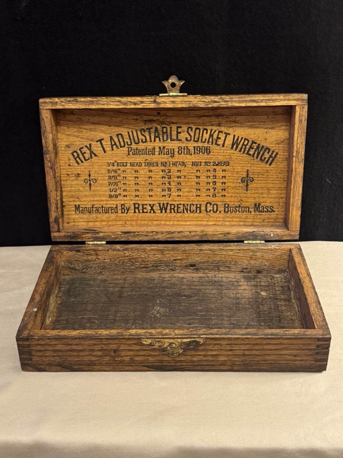 Rare Antique Rex Wrench Co. Boston, MA Wooden Dovetail Box Empty