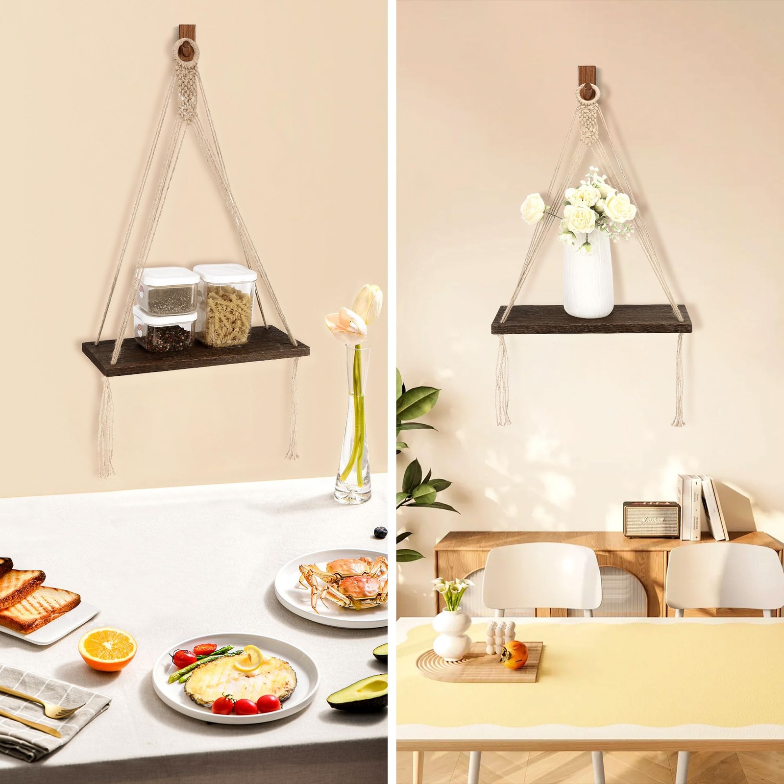 Boho Macrame Wall Decor 2 Pack Wood Wall Hanging Shelves, Storage Floating Sh...