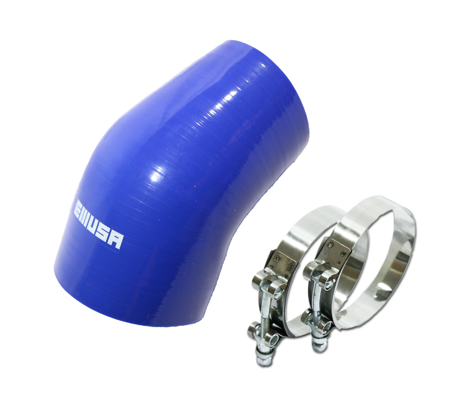 Universal BLUE 4PLY 1x45 Degree 4"-3.5" ID Silicone+2xStainles Steel T-clamp