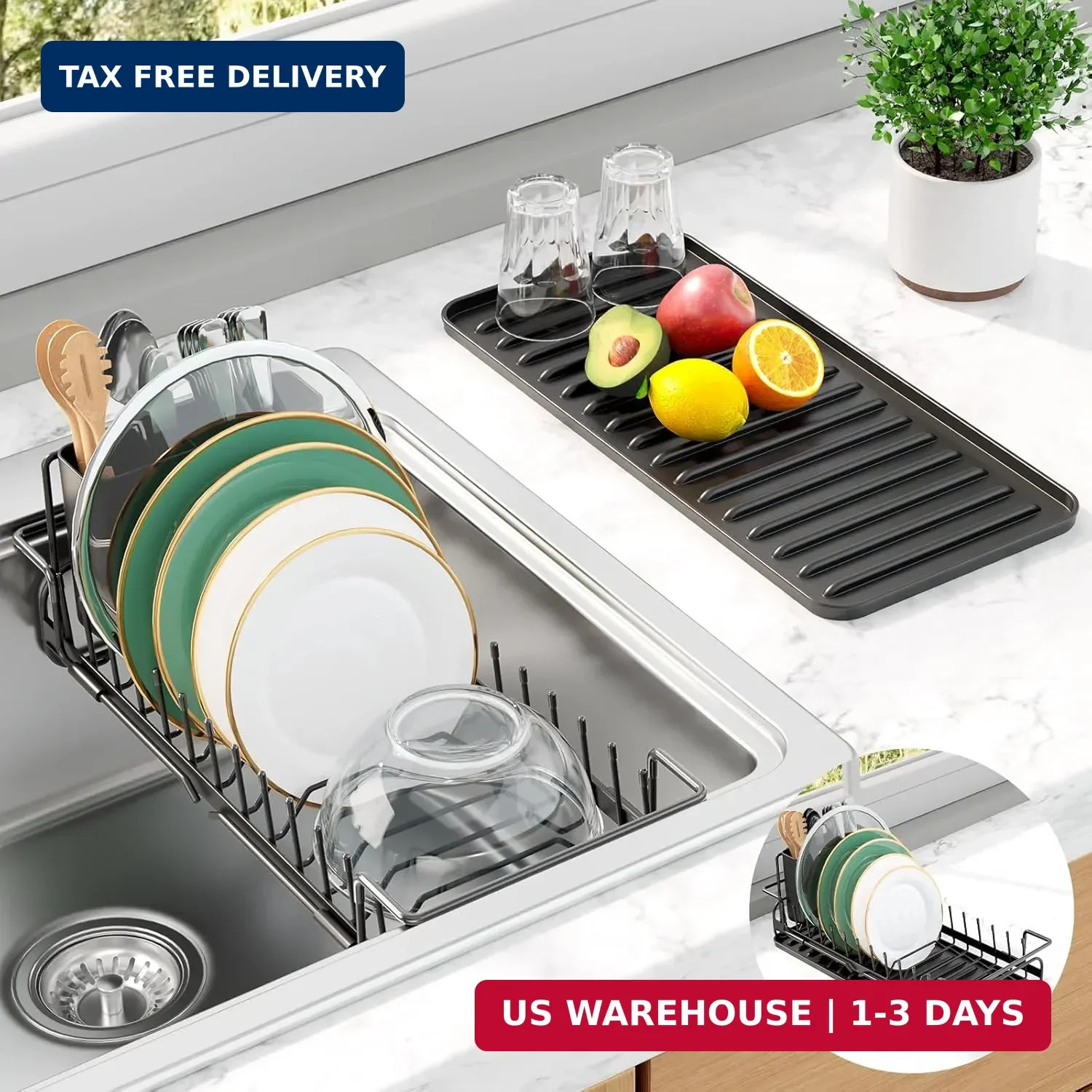 Expandable Dish Rack for Kitchen Counter, Medium, Black | Over Sink Or In Sink D