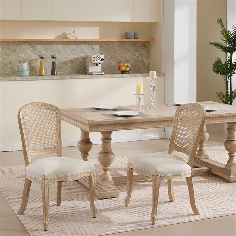 2 Set French Country Dining Chairs,Upholstered Chairs Nature Rattan Back,Beige