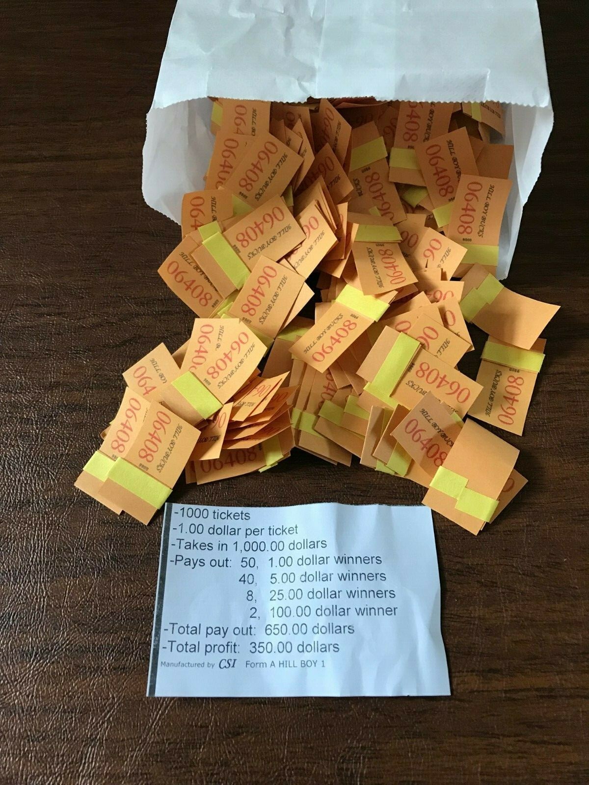 1000 @ $1"Hill Boy Bucks" Payout $650 Profit $350 Jar Ticket Free Shipping USA