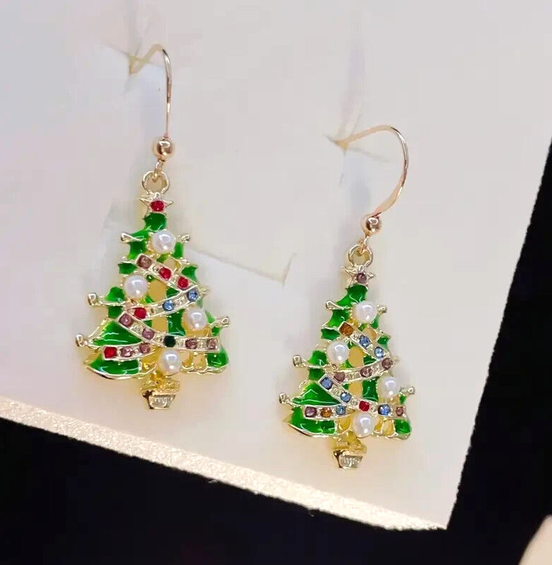 Green Christmas Tree Drop Earrings with Colorful Rhinestones and Faux Pearls