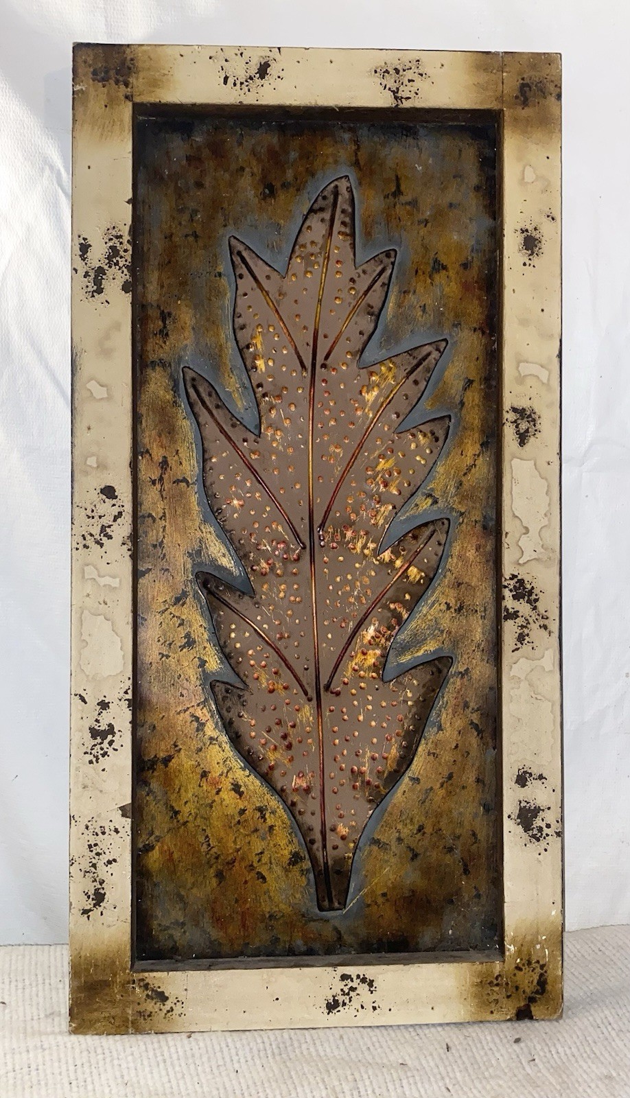 DISTRESSED LOOK WOOD FRAMED 32"x16" TIN OAK LEAF WALL ART