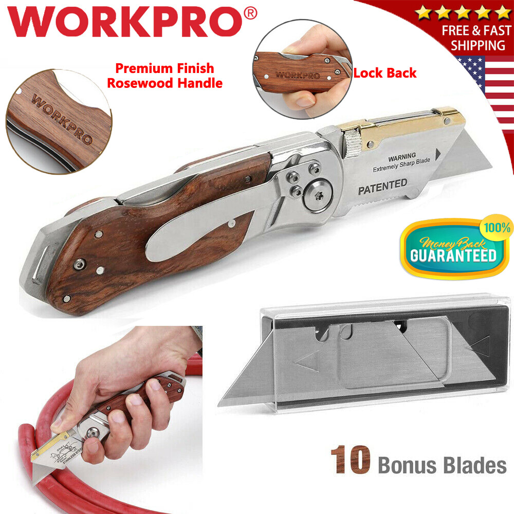 WORKPRO Folding Utility Knife Belt Clip Rosewood Handle Heavy Duty Pocket Knife