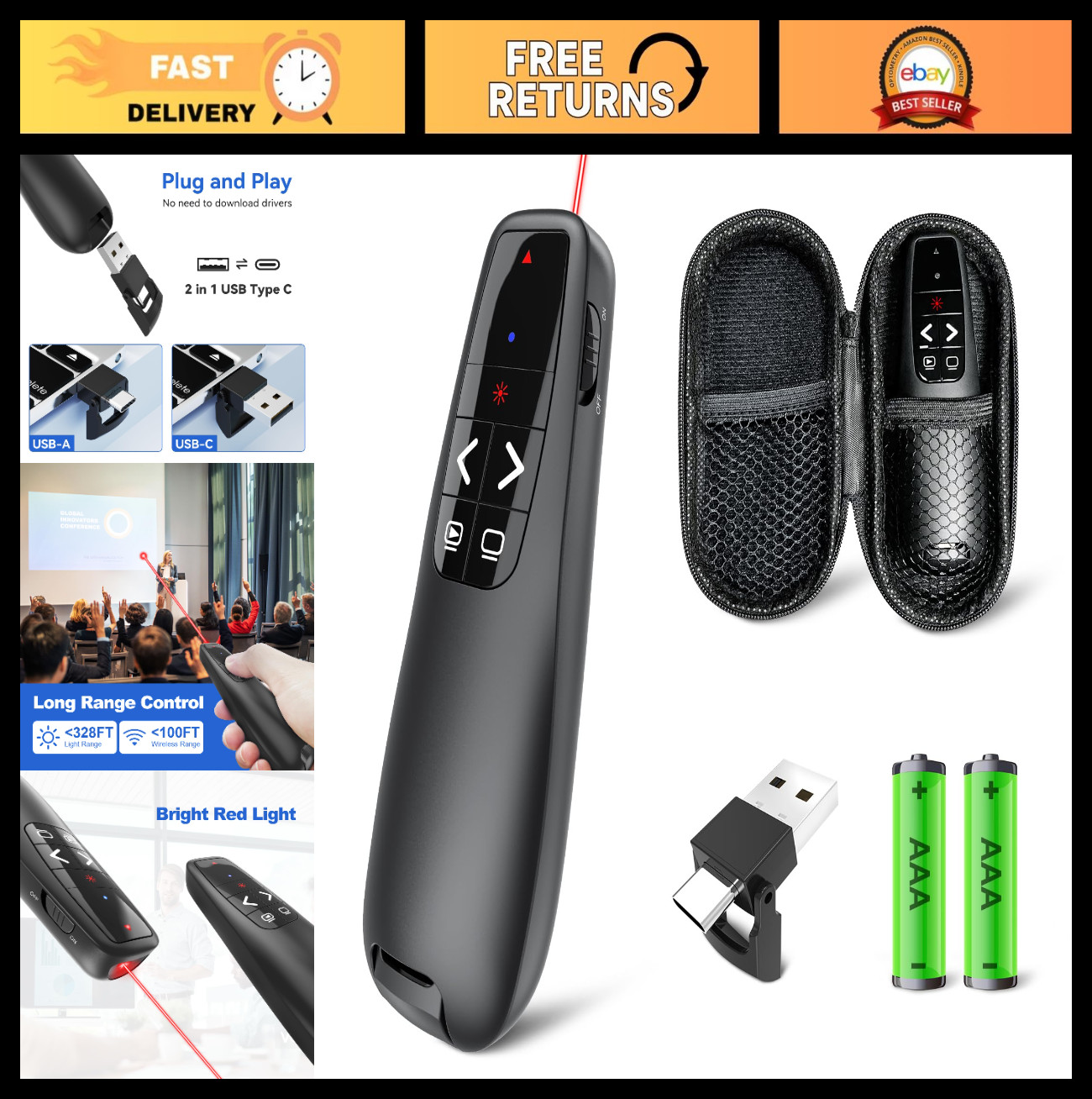 Wireless Presentation Clicker with Case - Red Laser Pointer Remote for PPT, Mac