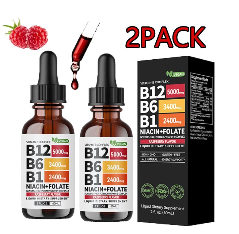 2-Bottles Vitamin B12 and B6 Liquid Drops B12 Complex - Vitamin B B1 Sublingual
