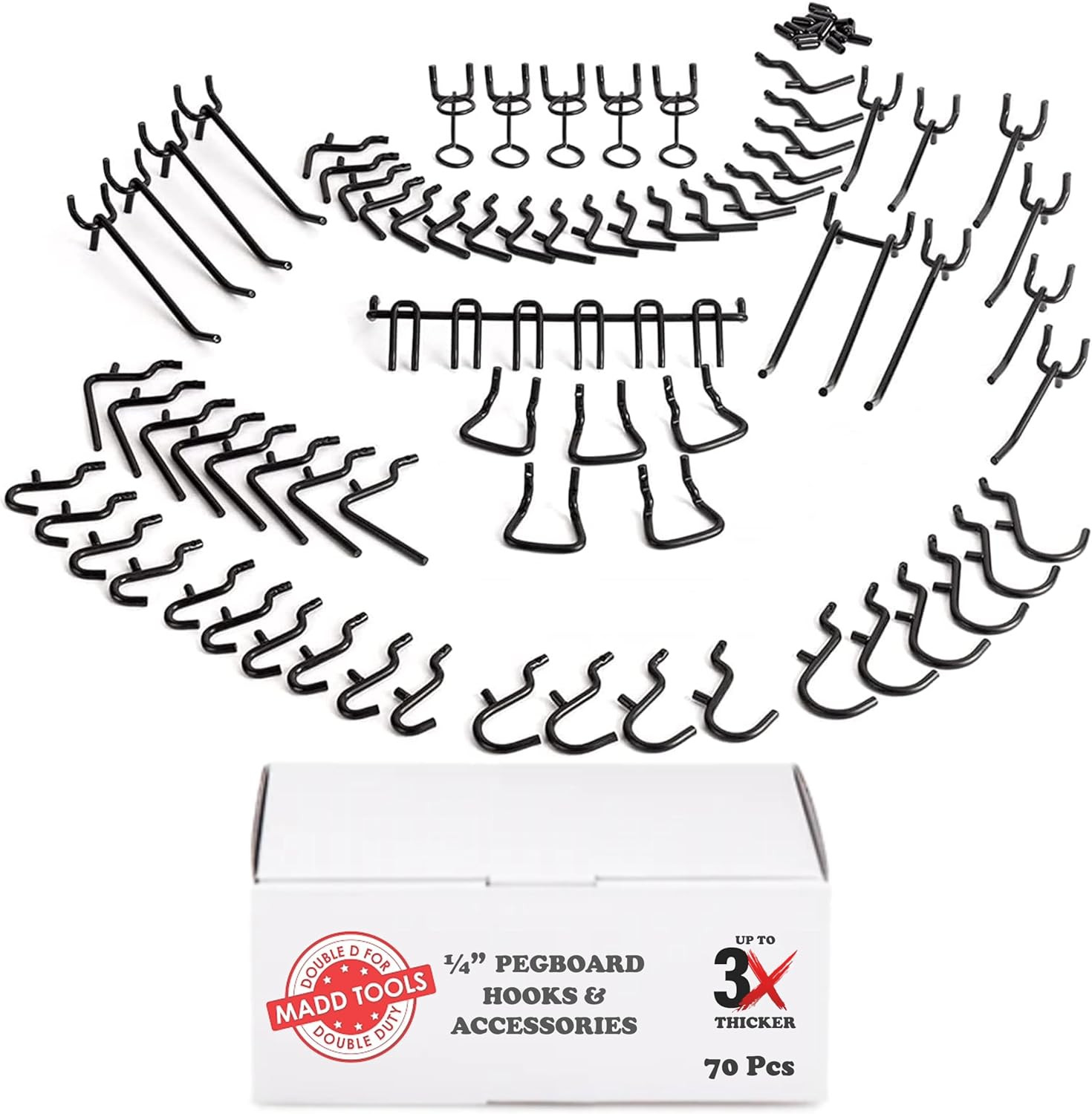 Extra Thick Black 1/4'' Pegboard Hooks for Hanging Tools, Set of 70 Pieces 1/4''