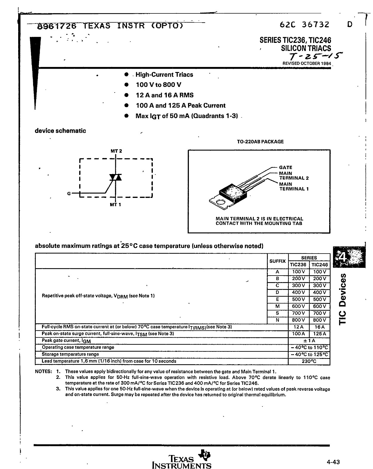 TIC236M Texas Instruments Triac 600V 12A TO-220 Standard