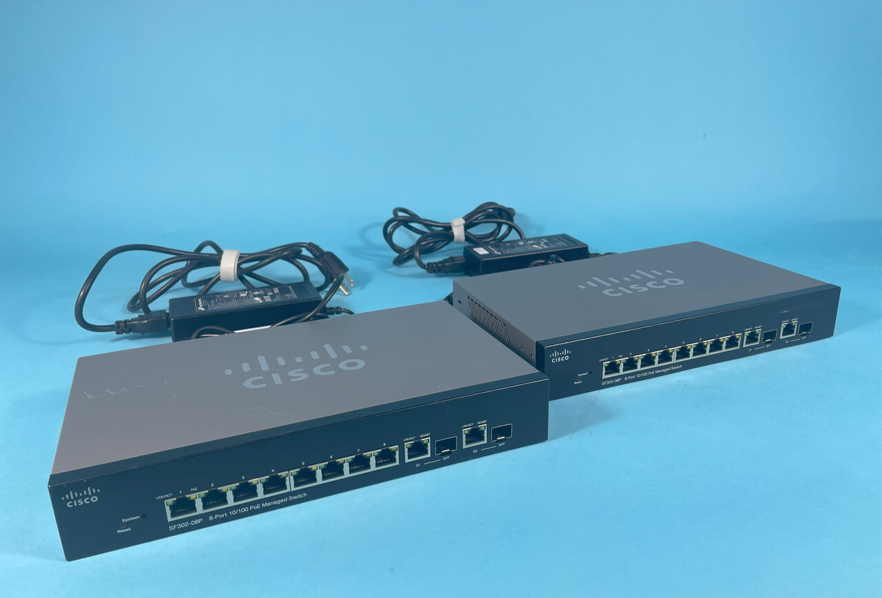 LOT OF 2 CISCO SF302-08P MANAGED SWITCHES: 8-port, 10/100 poe |010-7907854