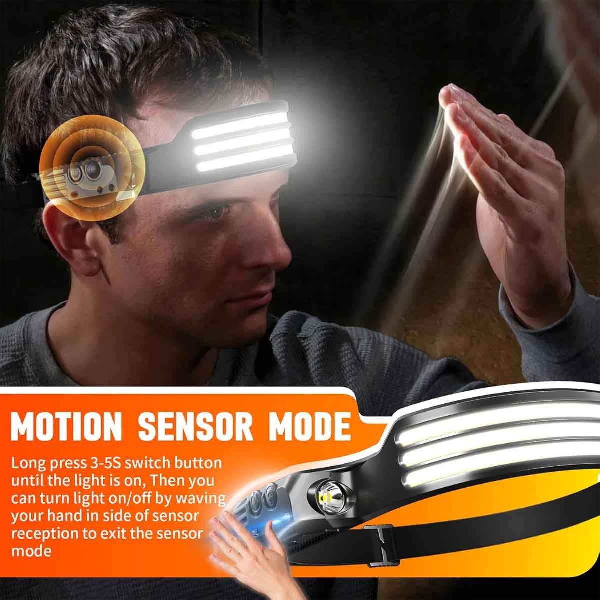 COB LED Rechargeable Headlamp Motion Sensor 230° Waterproof Camping Head Light
