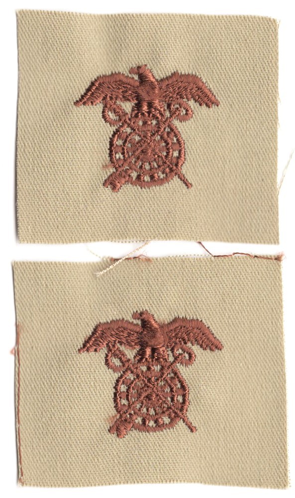 Cloth Army Collar Badge:  Quartermaster Officer, pair - brown on tan