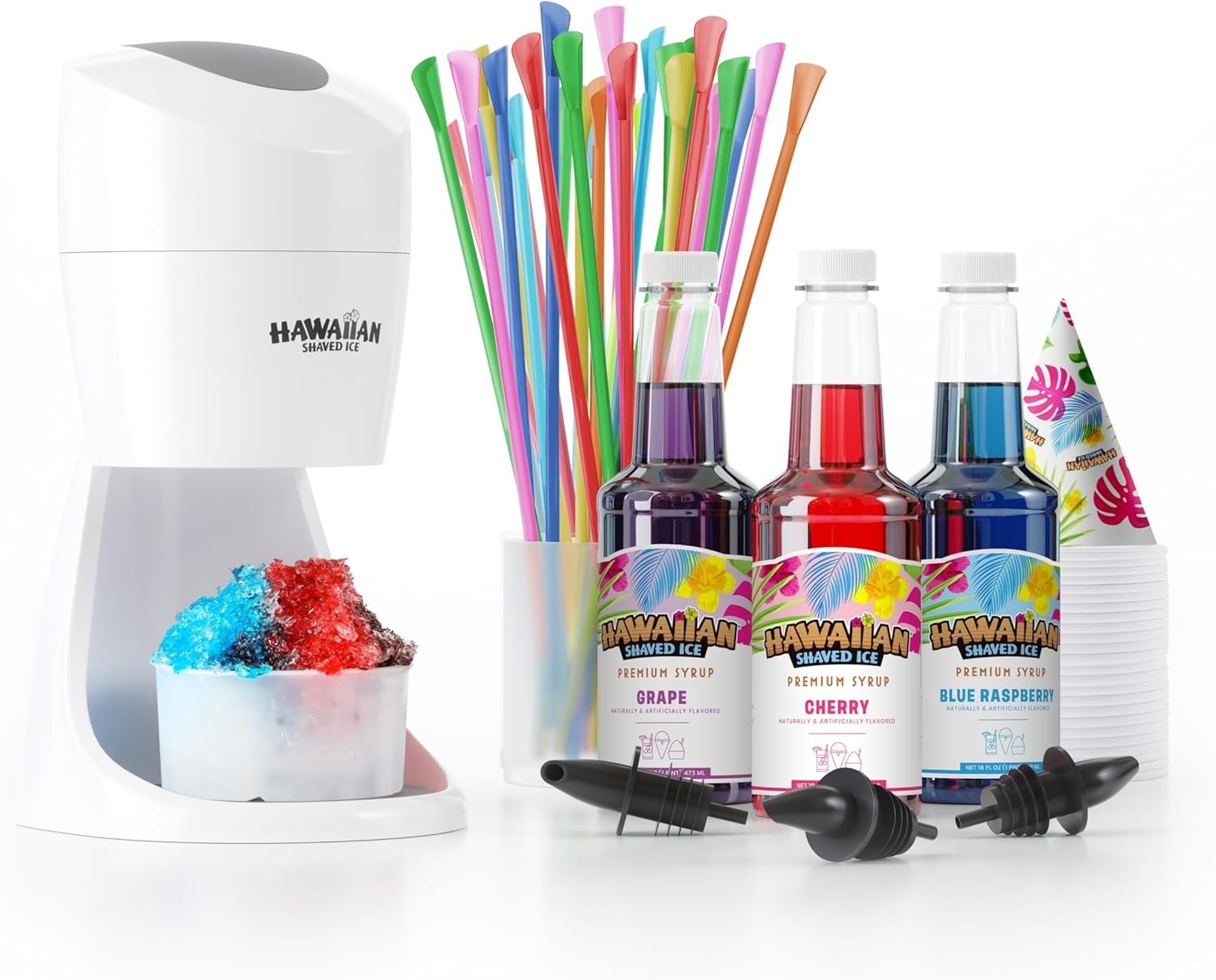 Shaved Ice Machine Kit 3 Flavors, 25 Cups, Straws, Pourers, Ice Molds