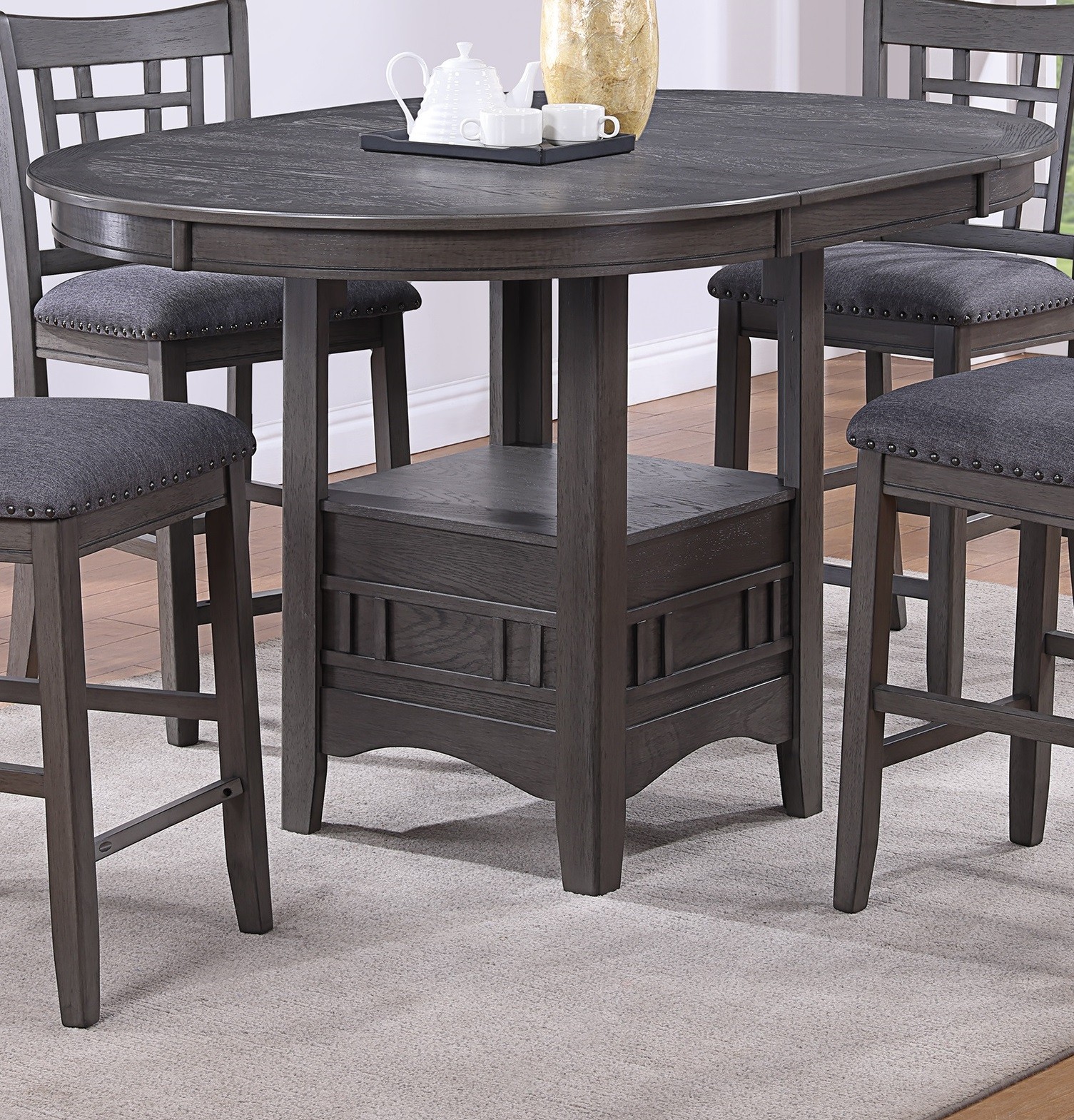 Round countertop height dining table, W-shaped rack, solid wood, grey finish