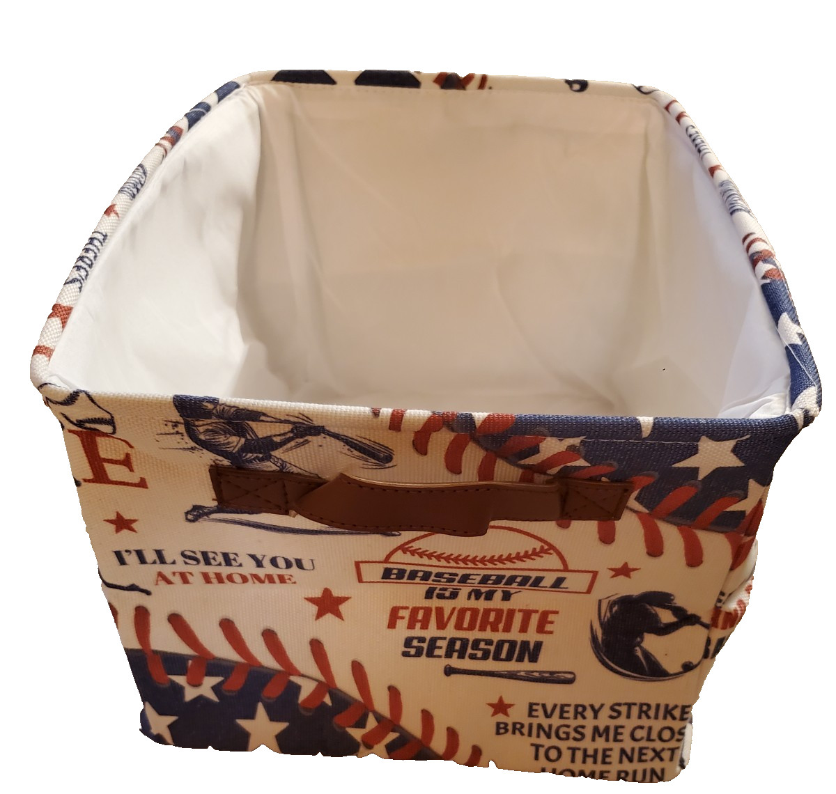 Sports Baseball Print Storage Bin - Rectangular, Beige, Canvas 15 x 12 x 9.5