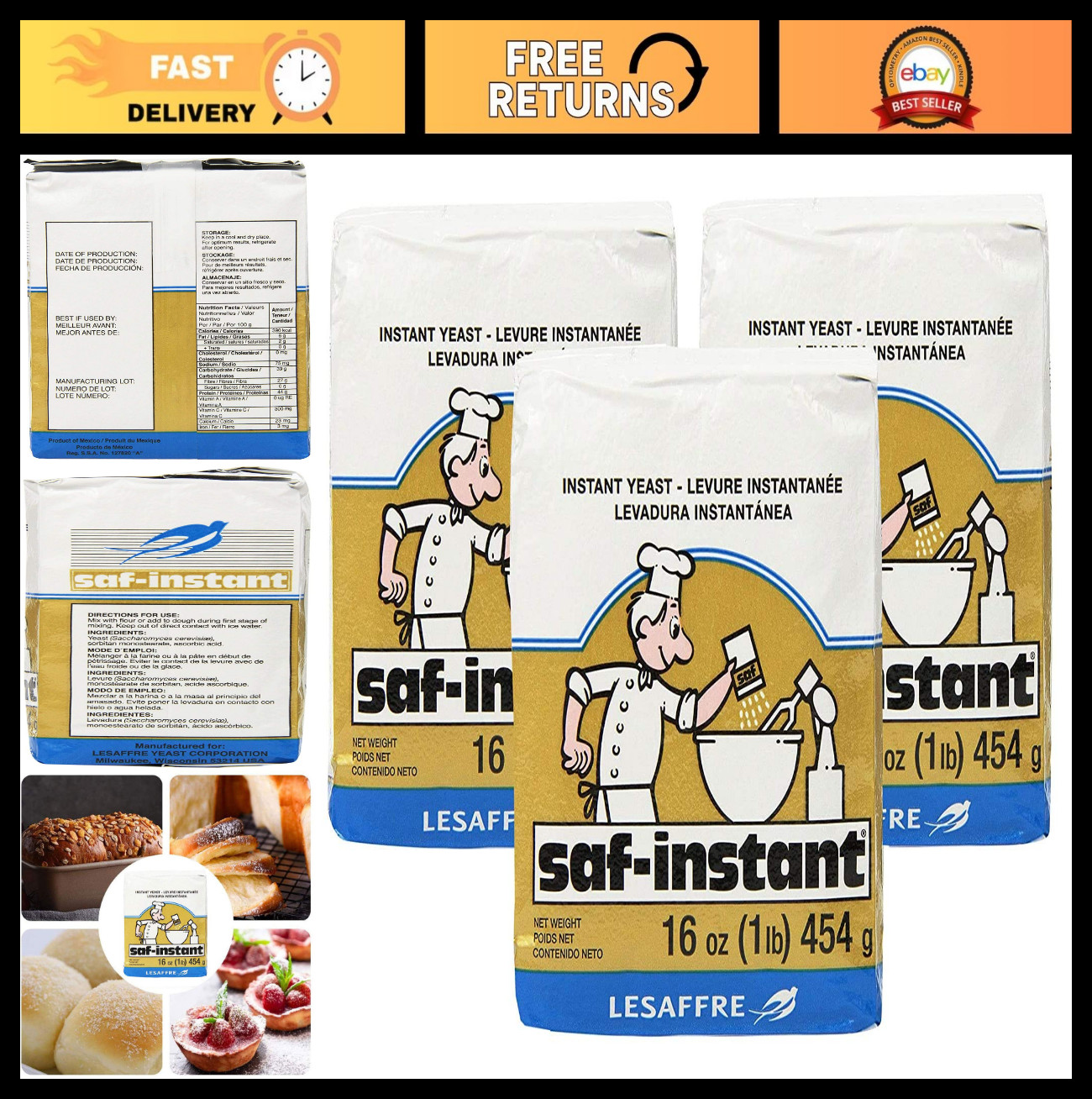 Instant Dry Yeast, Gold, 1 lb (Pack of 3) - Perfect for Baking & Bread Making