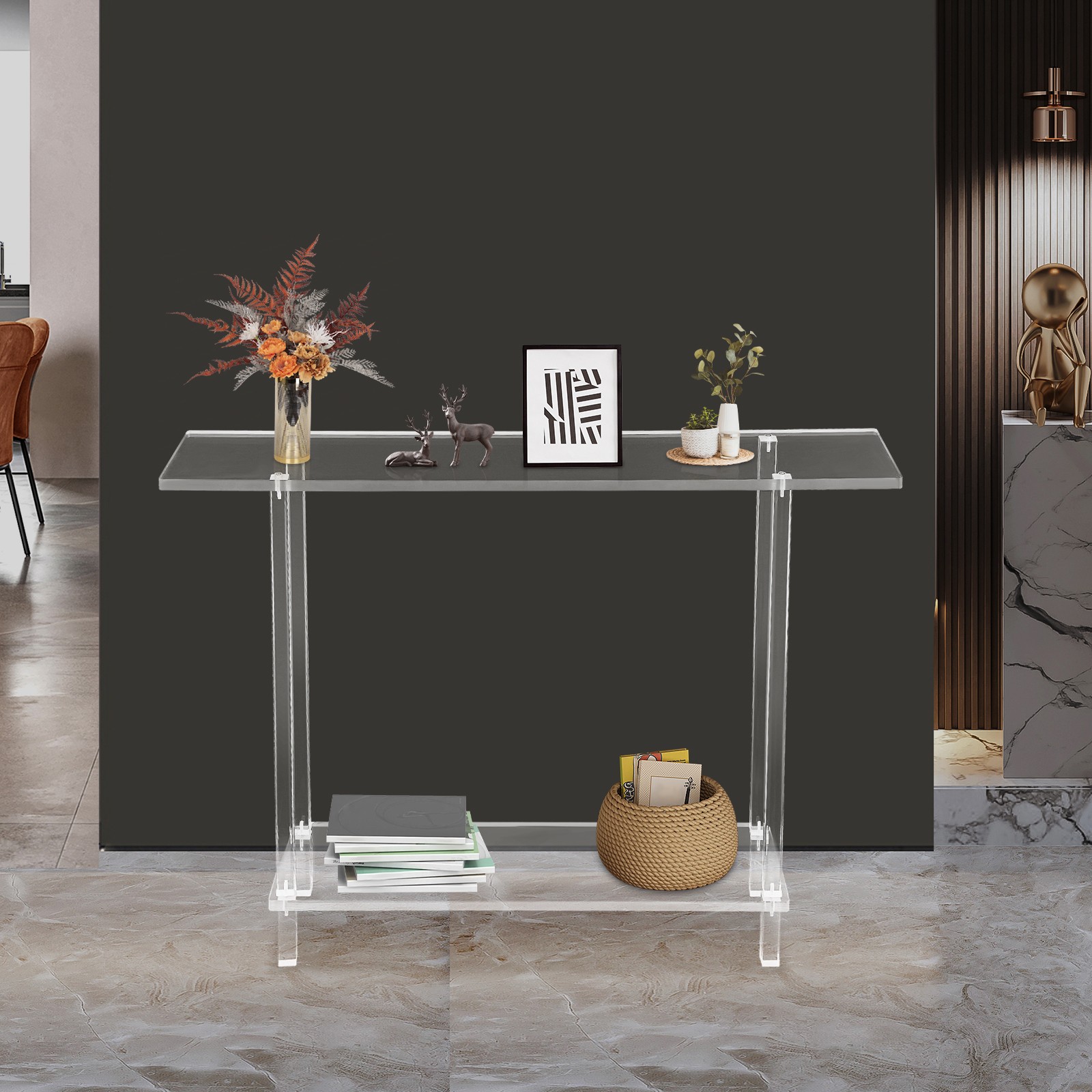 Acrylic Table Clear Entry Table Small Entryway Table W/ Open Shelves 100×80×20cm