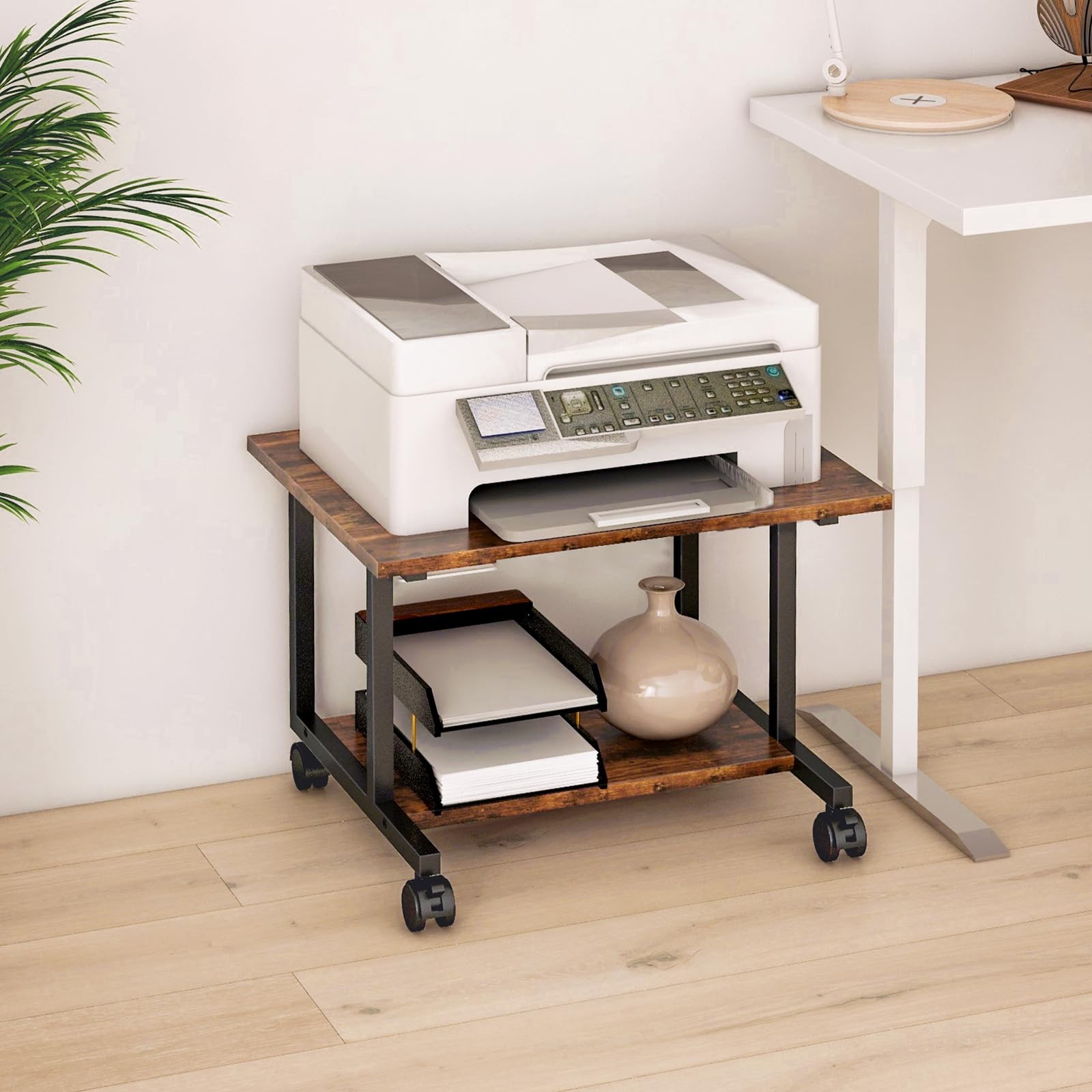 Rustic Brown 2Tier Industrial Mobile Rolling Under Desk Printer Stand Table