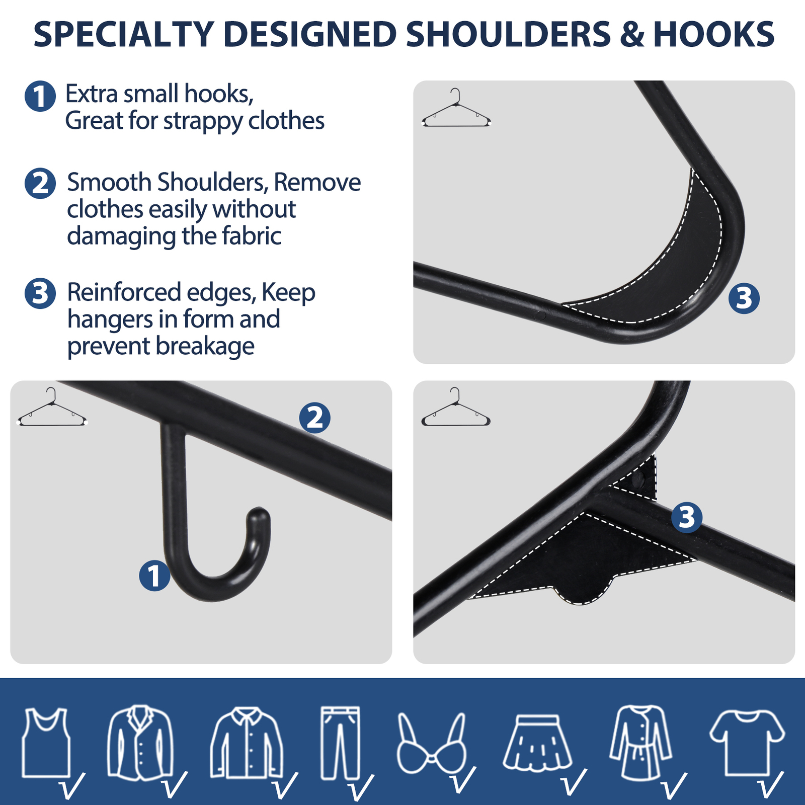 Plastic Clothes Hangers 100 PCS Durable Coat Hangers with 2 Hooks Black
