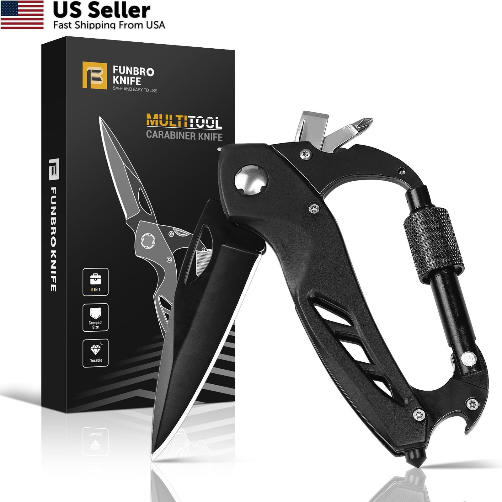 FUNBRO Multitool Carabiner with Pocket Knife, Stocking Stuffers Gifts Black