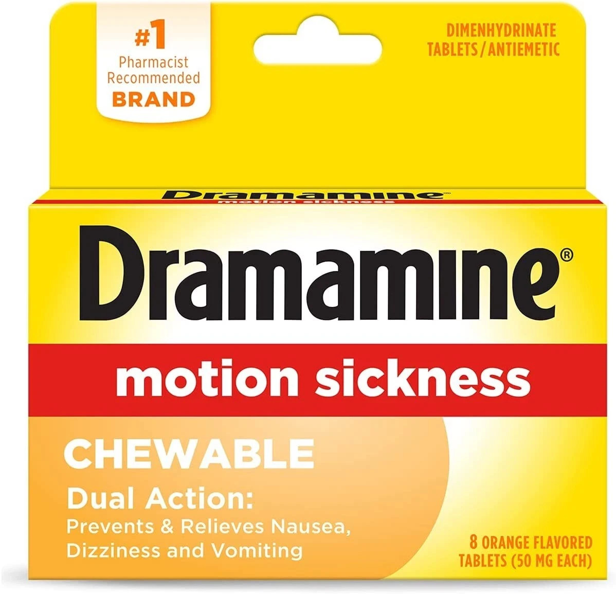Dramamine Motion Sickness CHEWABLE Orange Tablets 8ct Exp 08/2026 or Later