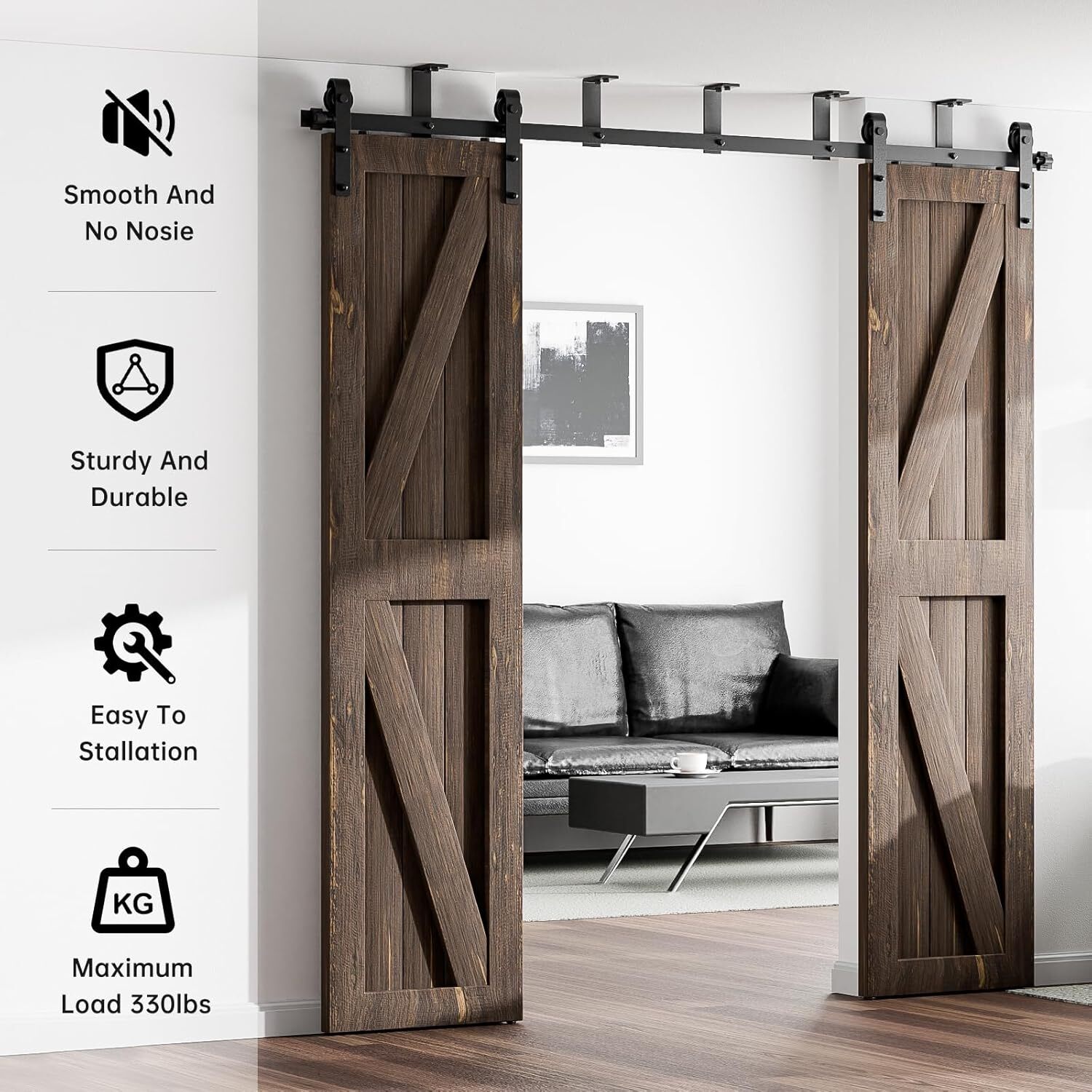 12FT Ceiling Mount Bracket Sliding Barn Door Hardware Kit Black,For Double Door