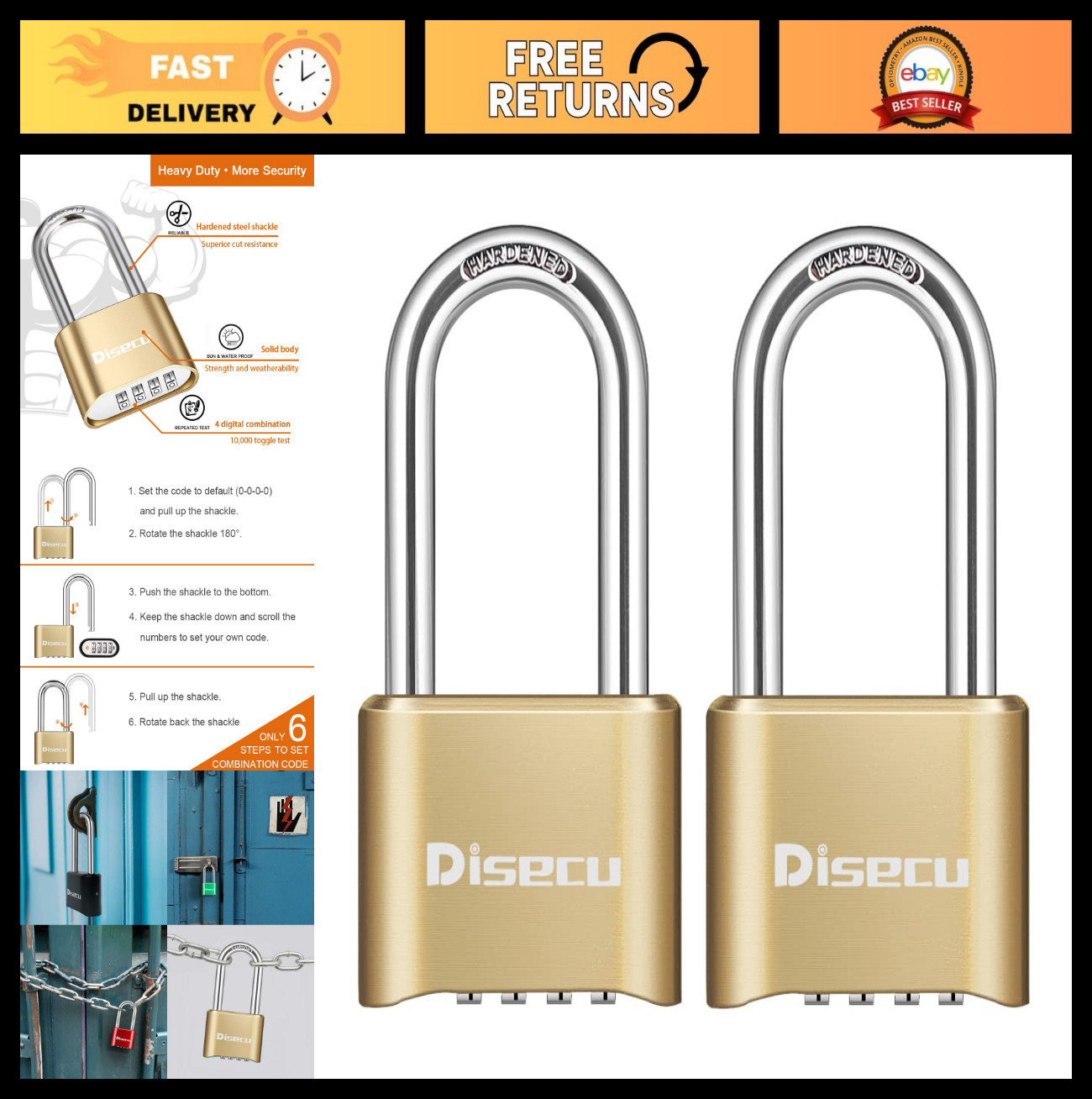 Heavy Duty 4-Digit Combination Lock - Waterproof Padlock for Gym, Locker, Gate,