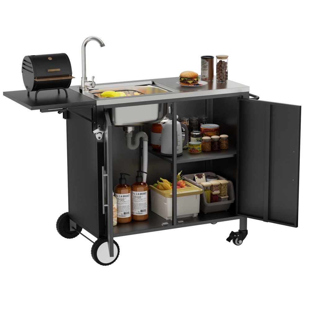 Outdoor Grill Prep Table w/ Stainless Steel Sink & Foldable Top, Cabinet, Wheels