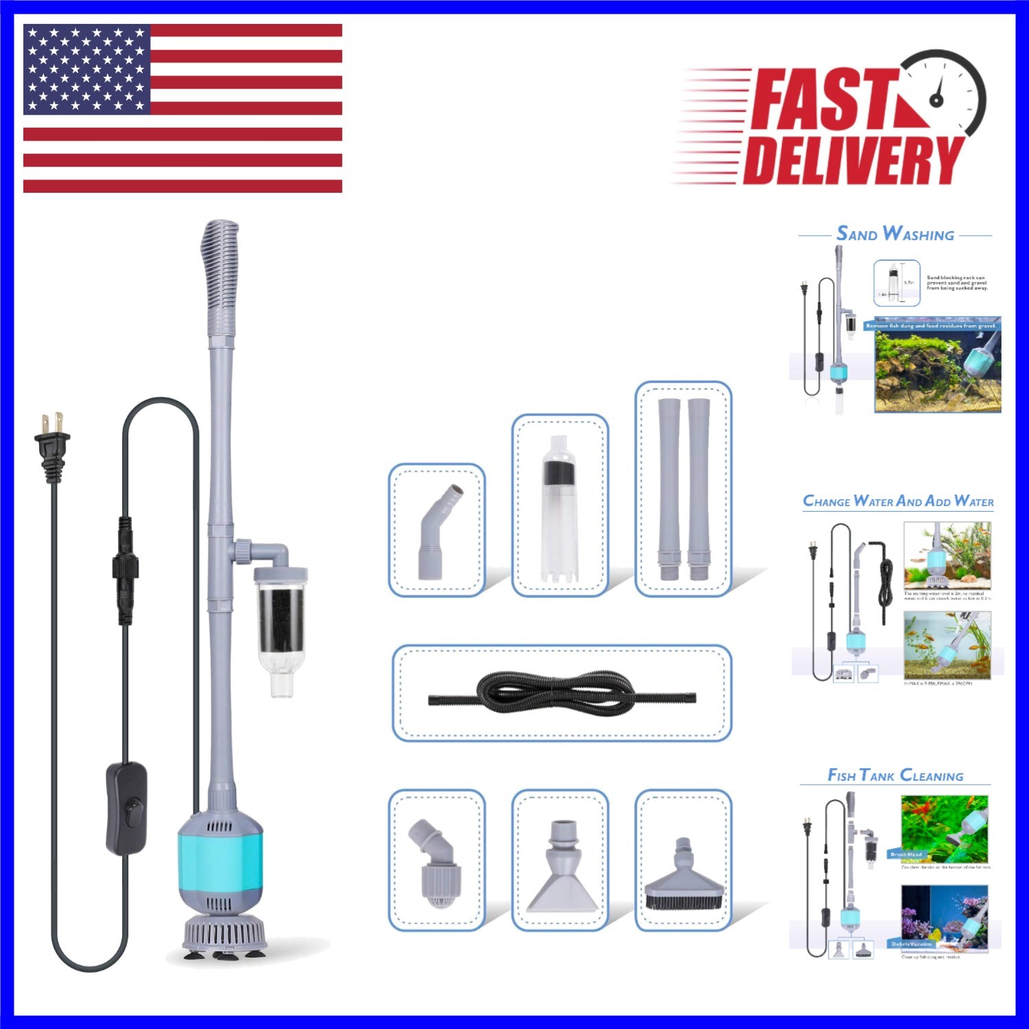 Electric Aquarium Gravel Cleaner - Adjustable Length 40.5 inches, 360 GPH Pump