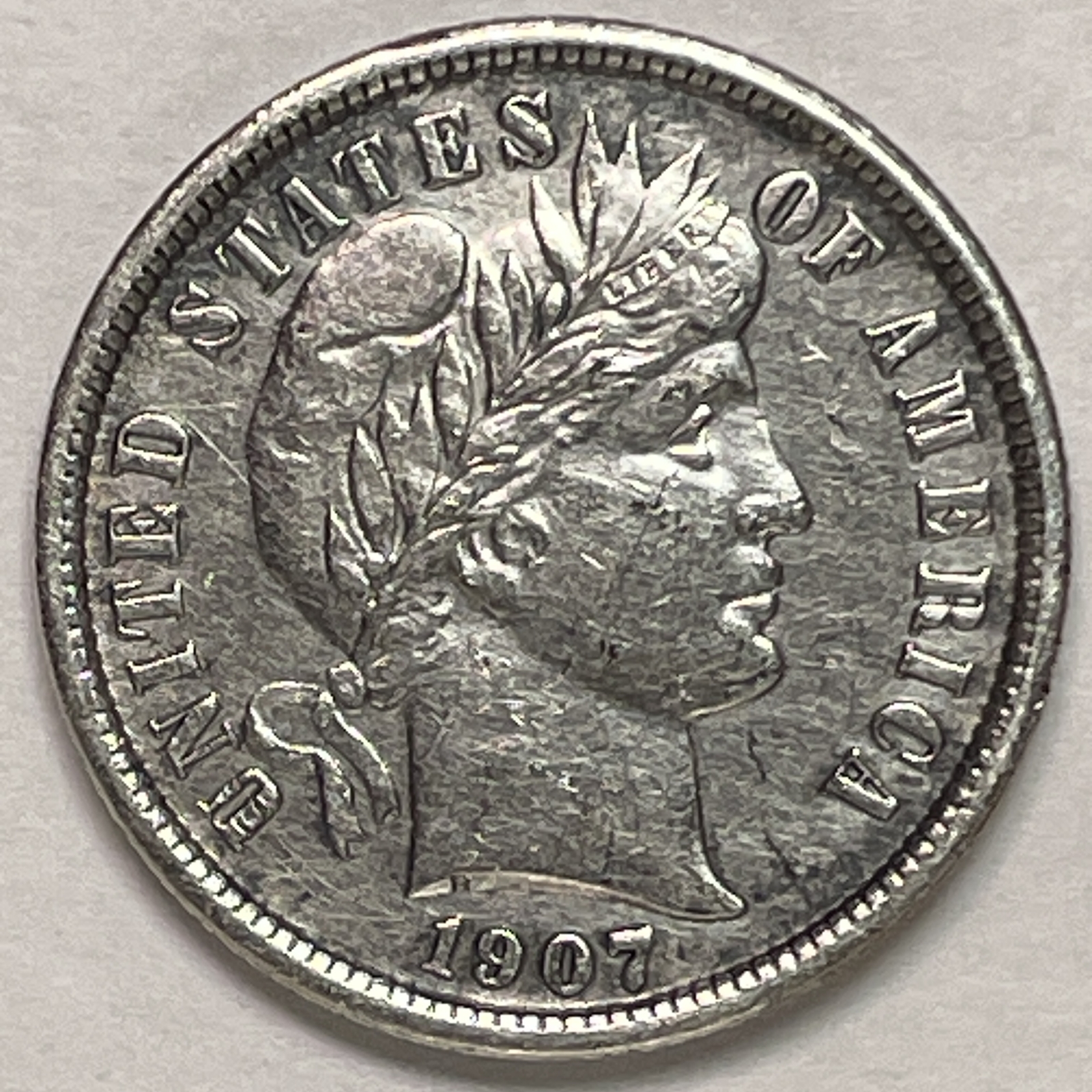 1907 Barber Silver Dime Almost Uncirculated AU Coin, Light Cleaning #11285