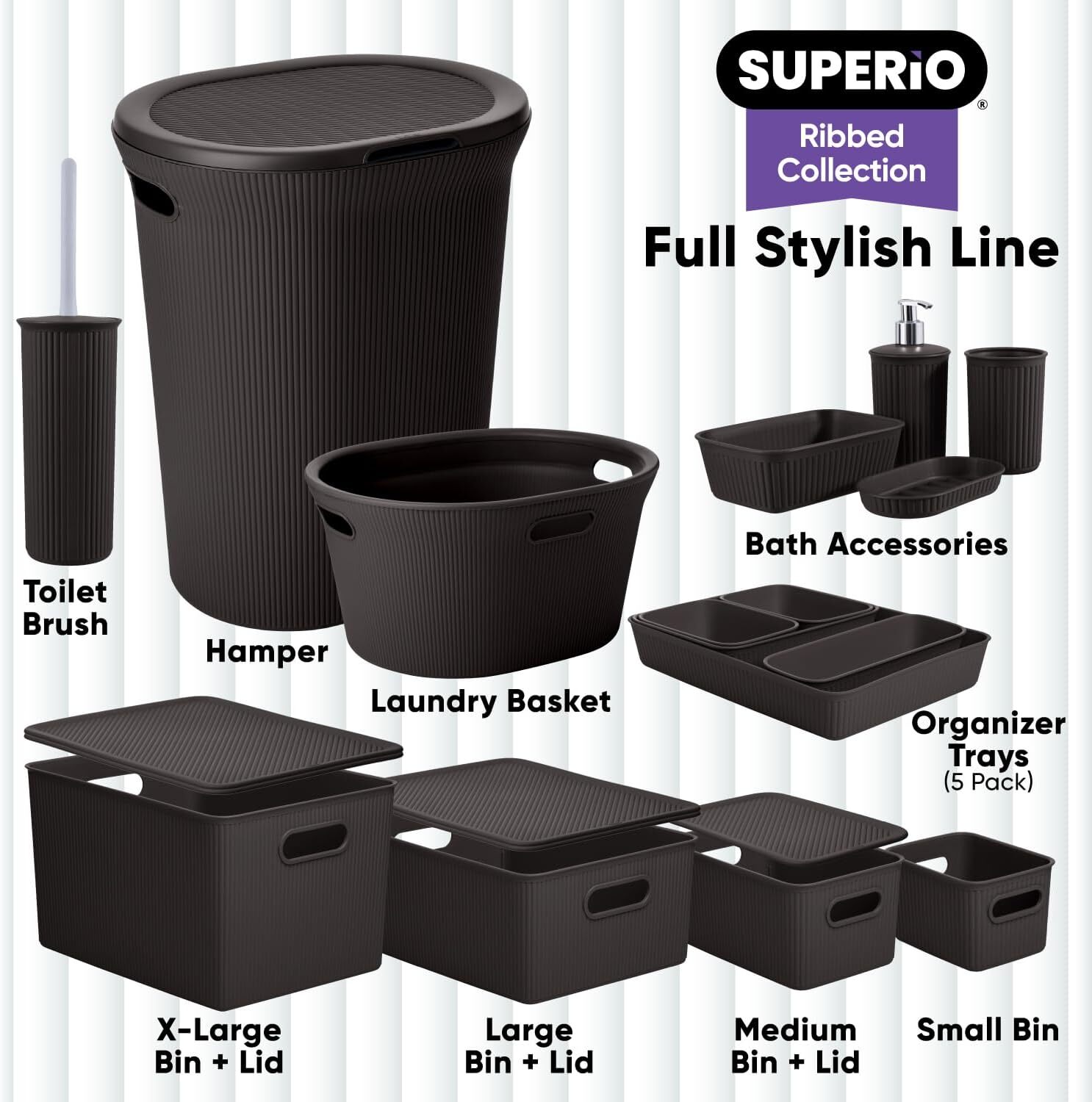 Superio 5L Small Brown Ribbed Storage Bin with Lid, Plastic Storage Basket