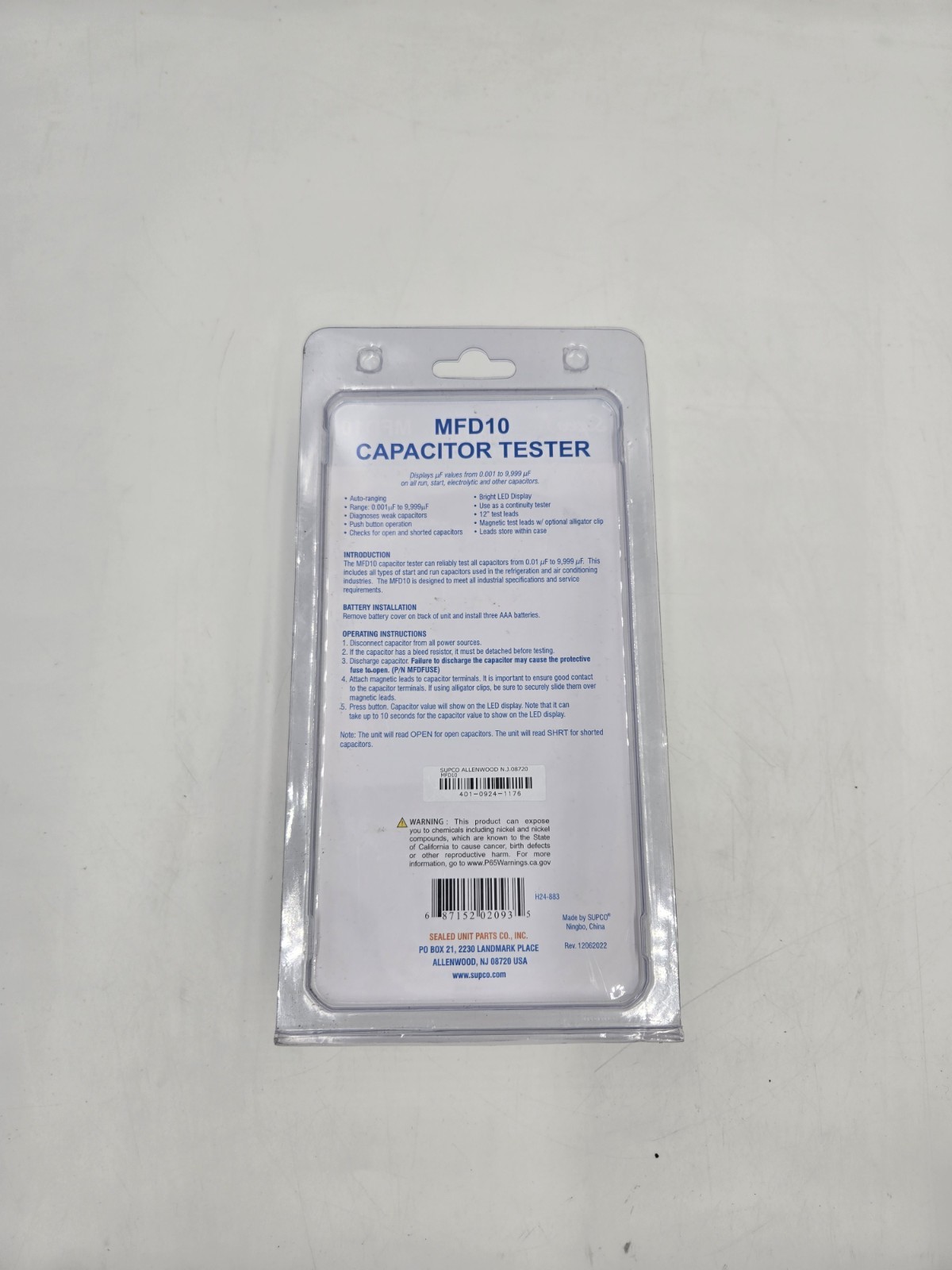 Supco Digital Capacitor Tester Meter Range MFD10