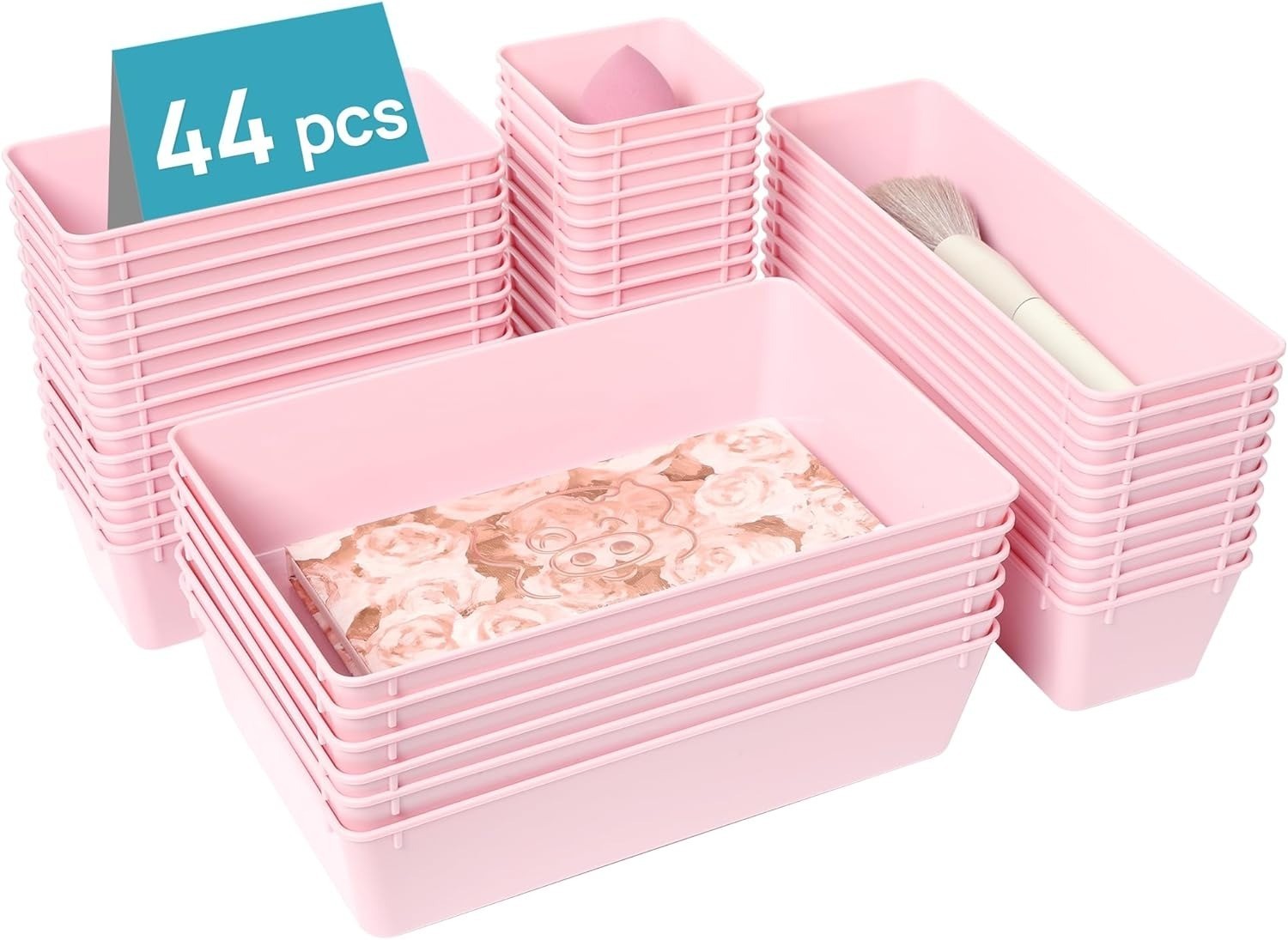 Vtopmart 44 PCS Plastic Drawer Organizers Set, 4-Size Versatile Pink