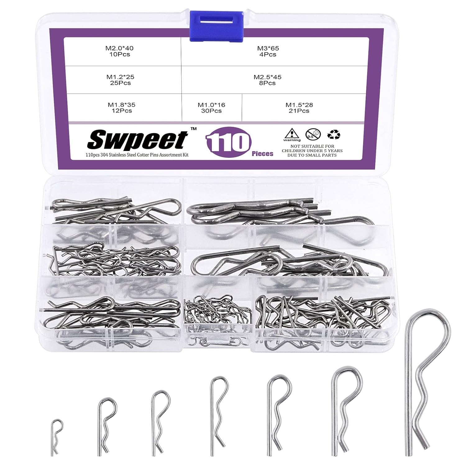 Swpeet 110Pcs 304 Stainless Steel Cotter Pin Hair Pin Hitch Pin R Shape Clips Fa