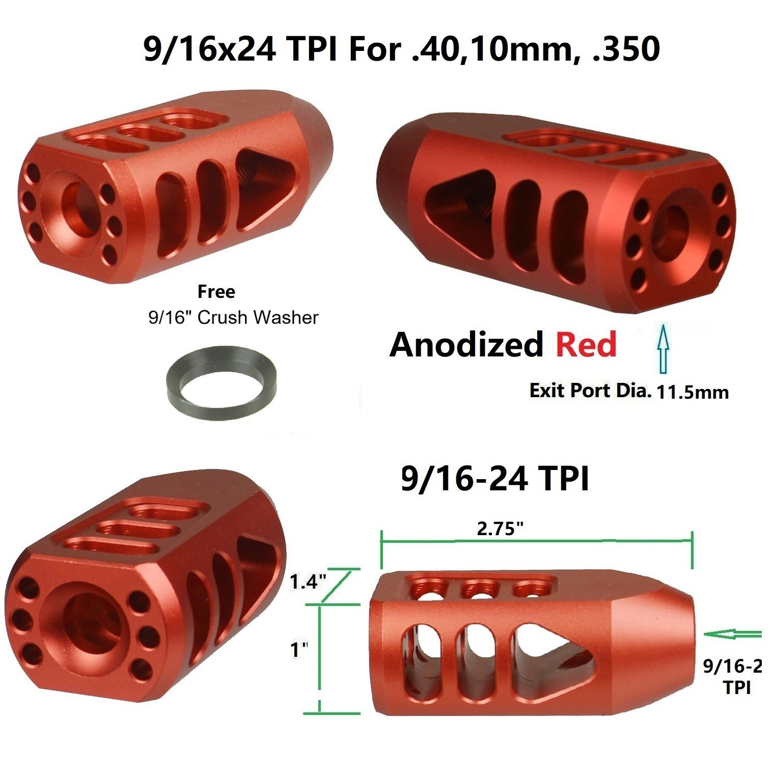 9/16x24 TPI .40,10mm, .350 Tanker Muzzle Brake Compensator Red,With Crush Washer