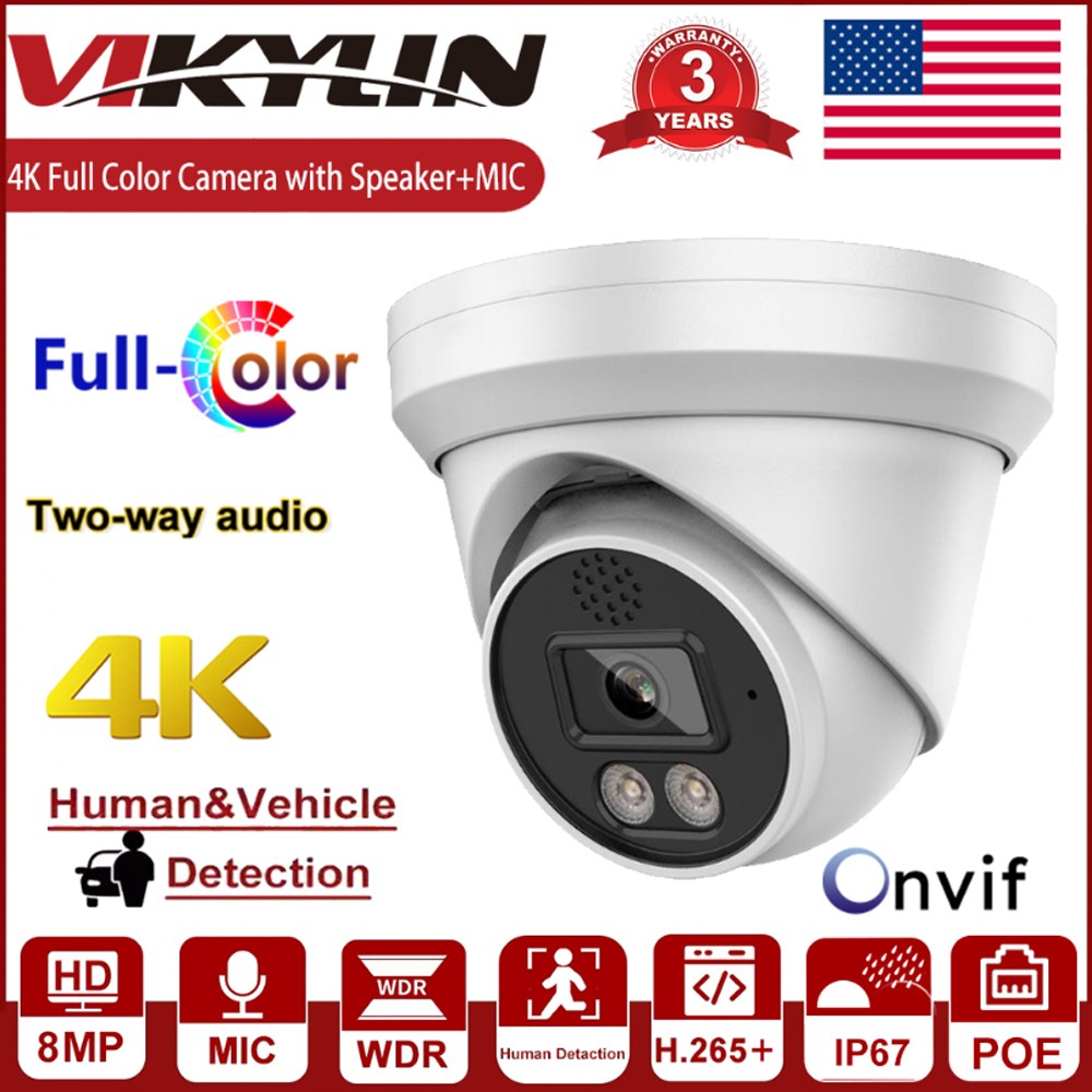 Vikylin 4K 8MP 24/7 Full Color Night Vision IP Camera POE 2 Way Audio Outdoor